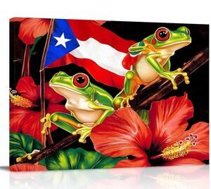 Frog Puerto Rico Flag Canvas Print Wall Art - Red Hibiscus Flower 35.5x24